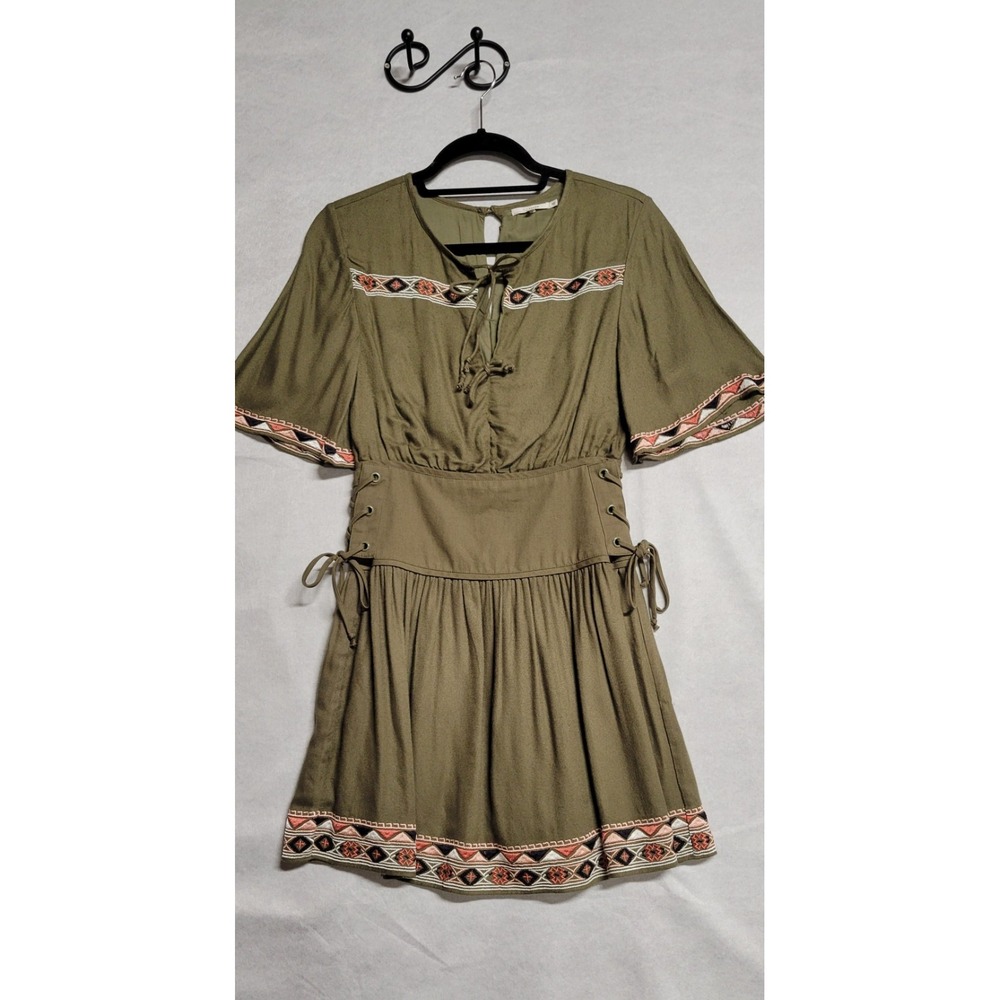 Green W/ Multicolored Stitching Trim And Laced Sides Short SS Tularosa  Dress XS